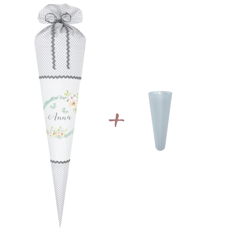 Weiße Schultüte mit grauen Punkten "Floral" | Stoffschultüte für Mädchen mit Namen | Optional mit Füllkissen und Spitzenschutz