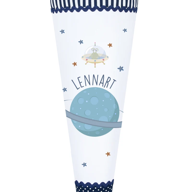 Schultüte "Planet" in Blau aus Stoff mit Namen | Stoffschultüte für Jungen genäht | Optional mit Füllkissen und Spitzenschutz