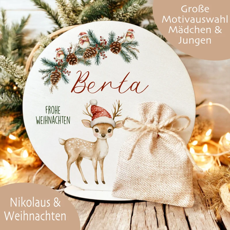 Personalisierte Weihnachtsdeko mit Namen – Holzaufsteller mit Jutesäckchen – Geschenk für Kinder, Mädchen & Jungen – Geldgeschenk Weihnachten, Nikolaus, Julklapp