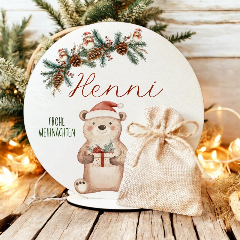 Personalisierte Weihnachtsdeko mit Namen – Holzaufsteller mit Jutesäckchen – Geschenk für Kinder, Mädchen & Jungen – Geldgeschenk Weihnachten, Nikolaus, Julklapp