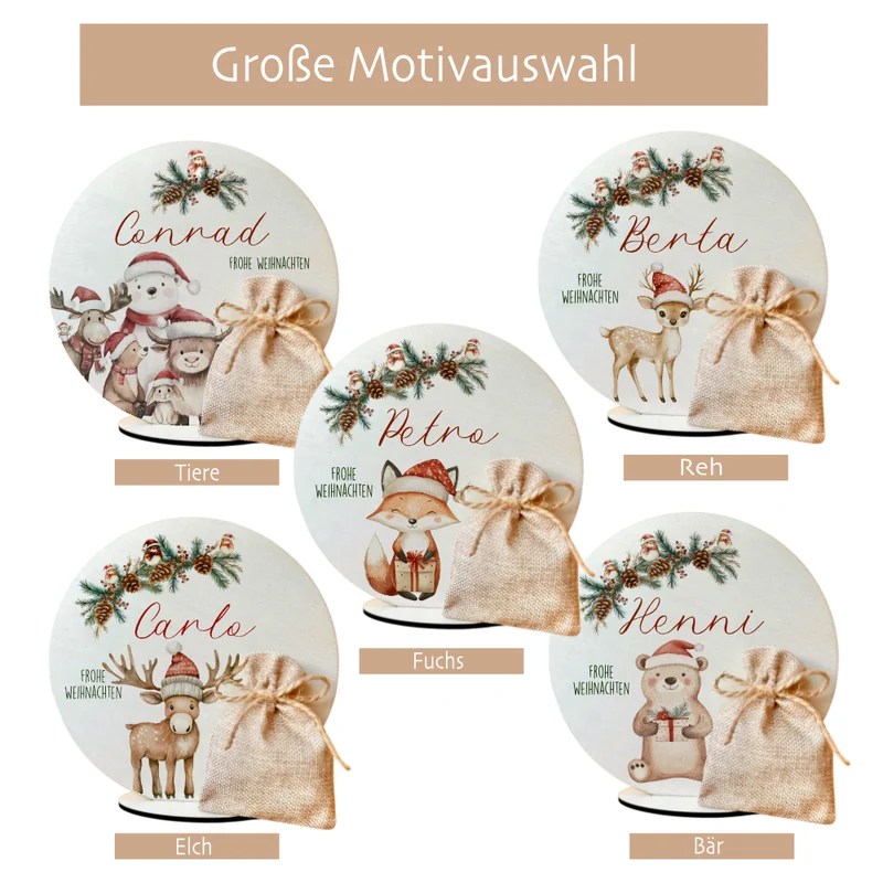 Personalisierte Weihnachtsdeko mit Namen – Holzaufsteller mit Jutesäckchen – Geschenk für Kinder, Mädchen & Jungen – Geldgeschenk Weihnachten, Nikolaus, Julklapp