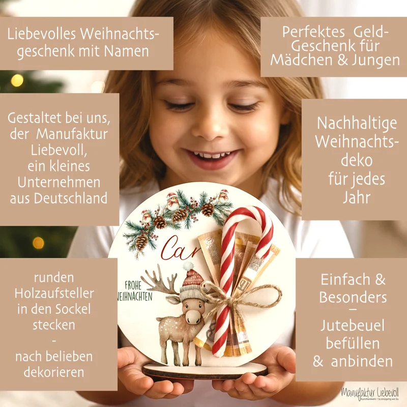 Personalisierte Weihnachtsdeko mit Namen – Holzaufsteller mit Jutesäckchen – Geschenk für Kinder, Mädchen & Jungen – Geldgeschenk Weihnachten, Nikolaus, Julklapp