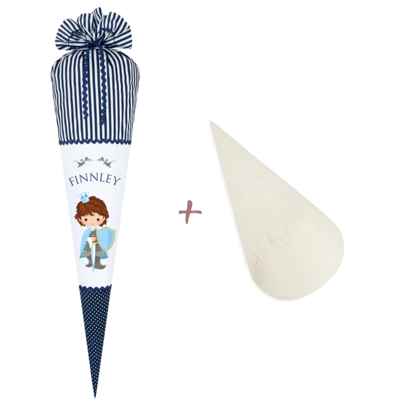 Schultüte "Ritter" in Blau für Jungen mit Namen | Schöne Stoffschultüte zur Einschulung | Optional mit Füllkissen und Spitzenschutz