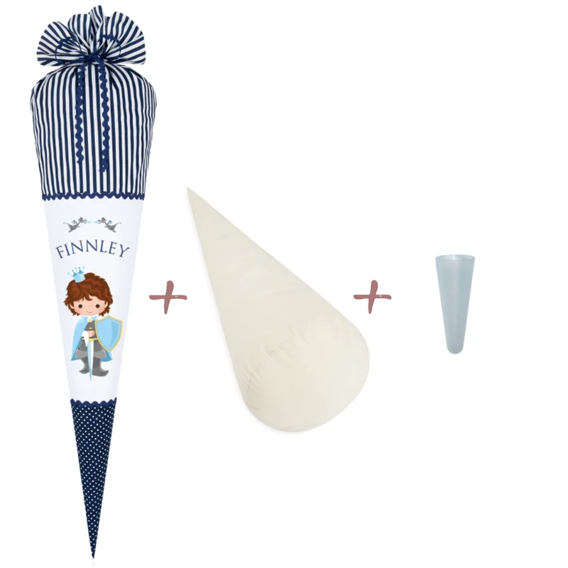 Schultüte "Ritter" in Blau für Jungen mit Namen | Schöne Stoffschultüte zur Einschulung | Optional mit Füllkissen und Spitzenschutz