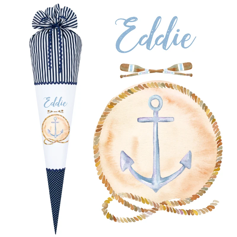 Maritime Schultüte für Jungen | Personalisiert mit dem Namen | Stoffschultüte in Blau mit Anker | Optional mit Füllkissen und Spitzenschutz
