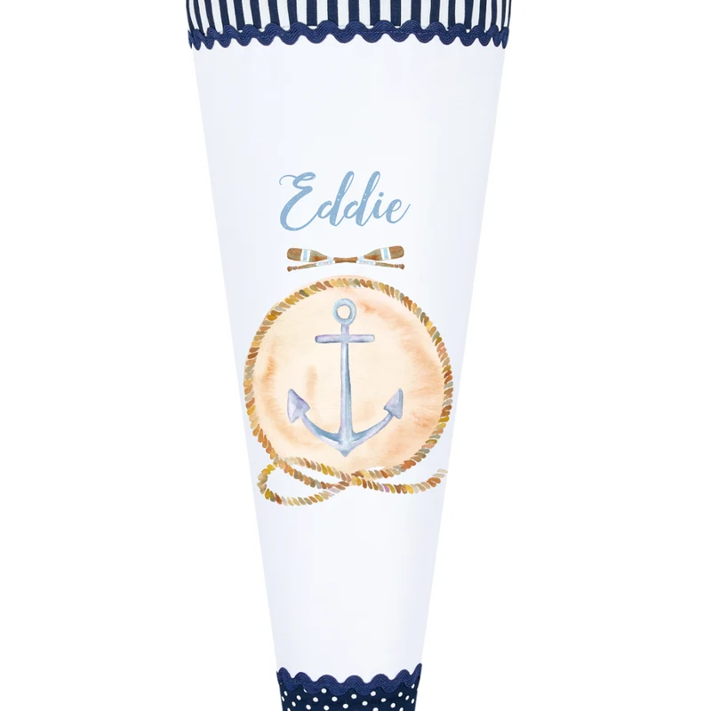 Maritime Schultüte für Jungen | Personalisiert mit dem Namen | Stoffschultüte in Blau mit Anker | Optional mit Füllkissen und Spitzenschutz