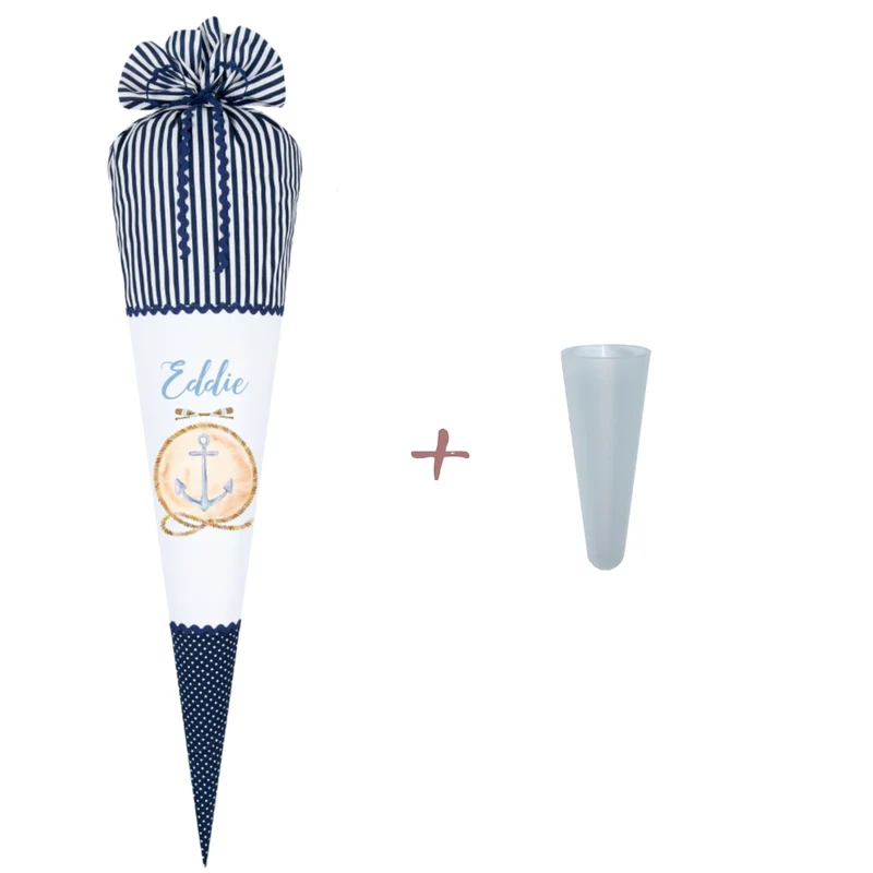 Maritime Schultüte für Jungen | Personalisiert mit dem Namen | Stoffschultüte in Blau mit Anker | Optional mit Füllkissen und Spitzenschutz