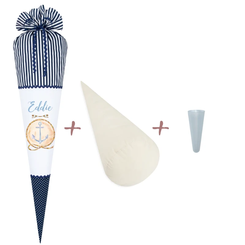 Maritime Schultüte für Jungen | Personalisiert mit dem Namen | Stoffschultüte in Blau mit Anker | Optional mit Füllkissen und Spitzenschutz