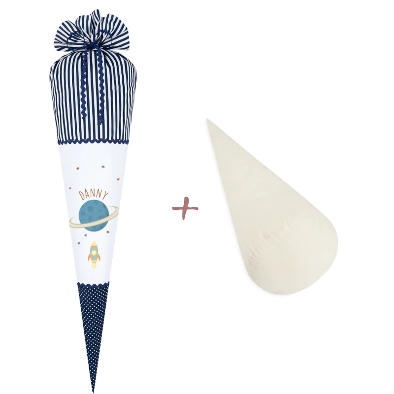 "Weltall" Schultüte für Jungen | Stoffschultüte zur Einschulung in Blau | Personalisiert mit dem Namen | Optional mit Füllkissen und Spitzenschutz