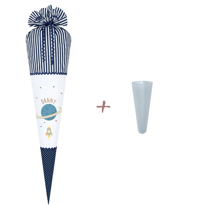 "Weltall" Schultüte für Jungen | Stoffschultüte zur Einschulung in Blau | Personalisiert mit dem Namen | Optional mit Füllkissen und Spitzenschutz