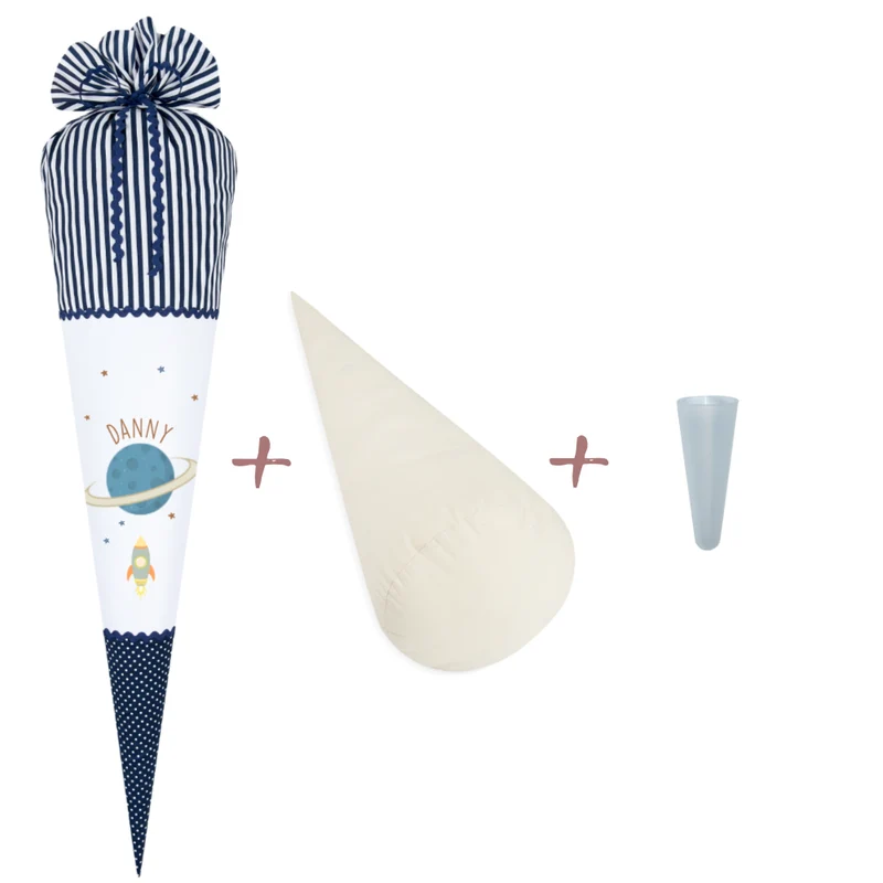 "Weltall" Schultüte für Jungen | Stoffschultüte zur Einschulung in Blau | Personalisiert mit dem Namen | Optional mit Füllkissen und Spitzenschutz