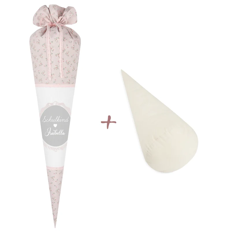 Schultüte aus geblümten Stoff in Rosa | Personalisiert mit dem Namen des Kindes | Optional mit Füllkissen und Spitzenschutz