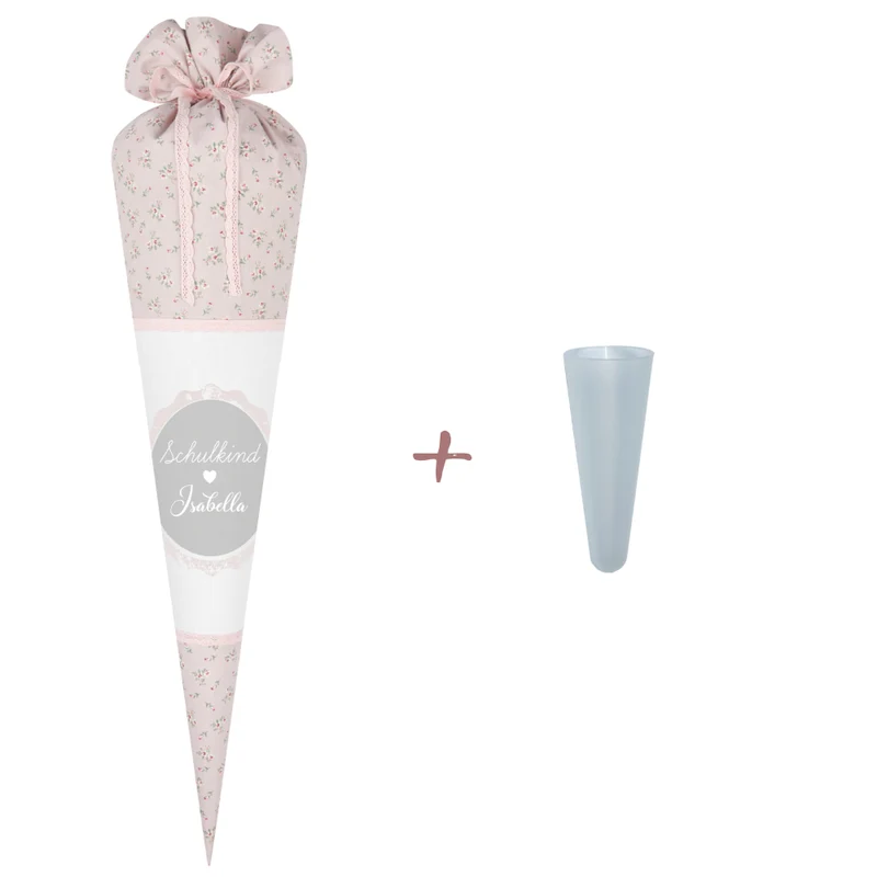 Schultüte aus geblümten Stoff in Rosa | Personalisiert mit dem Namen des Kindes | Optional mit Füllkissen und Spitzenschutz