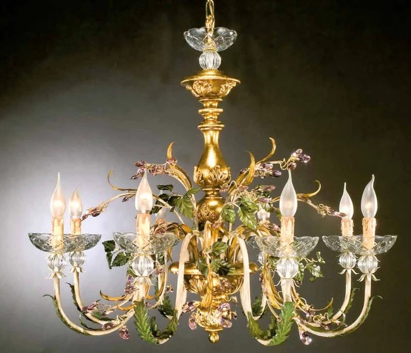 Casa Padrino Barock Kronleuchter Grün Gelb Elfenbein Ø 90 x H. 80 cm 8-flammig - Handgefertigte Leuchte aus Italien - Barock Leuchten