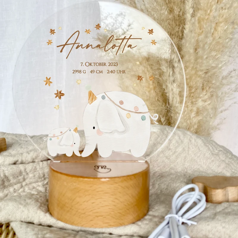 LED Lampe mit Namen des Kindes | Personalisierte Baby Nachttischlampe in Rund aus Holz und Acryl I Geschenk zur Geburt & Taufe Mädchen & Jungen