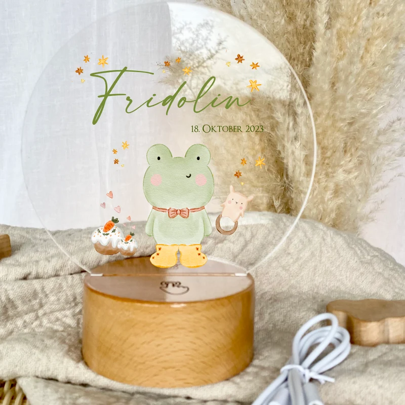 LED Lampe mit Namen des Kindes | Personalisierte Baby Nachttischlampe in Rund aus Holz und Acryl I Geschenk zur Geburt & Taufe Mädchen & Jungen