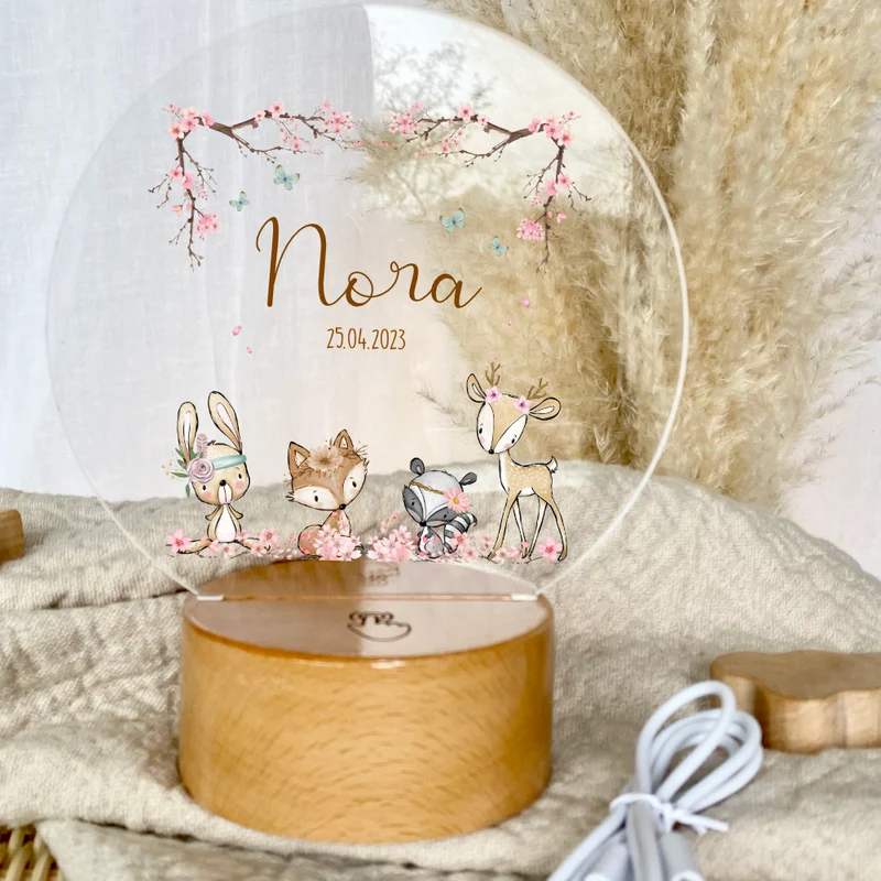 LED Lampe mit Namen des Kindes | Personalisierte Baby Nachttischlampe in Rund aus Holz und Acryl I Geschenk zur Geburt & Taufe Mädchen & Jungen