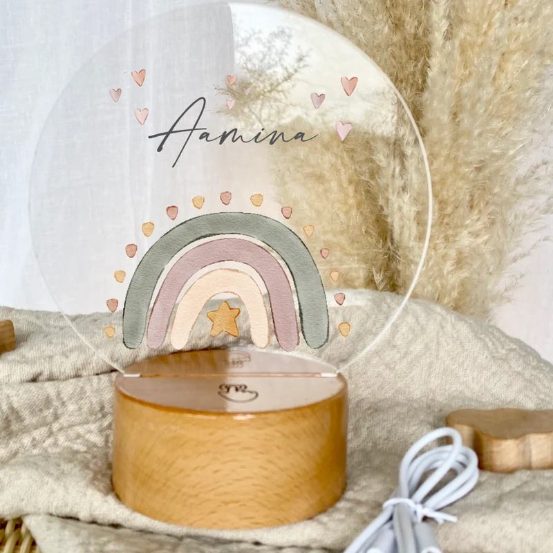 LED Lampe mit Namen des Kindes | Personalisierte Baby Nachttischlampe in Rund aus Holz und Acryl I Geschenk zur Geburt & Taufe Mädchen & Jungen