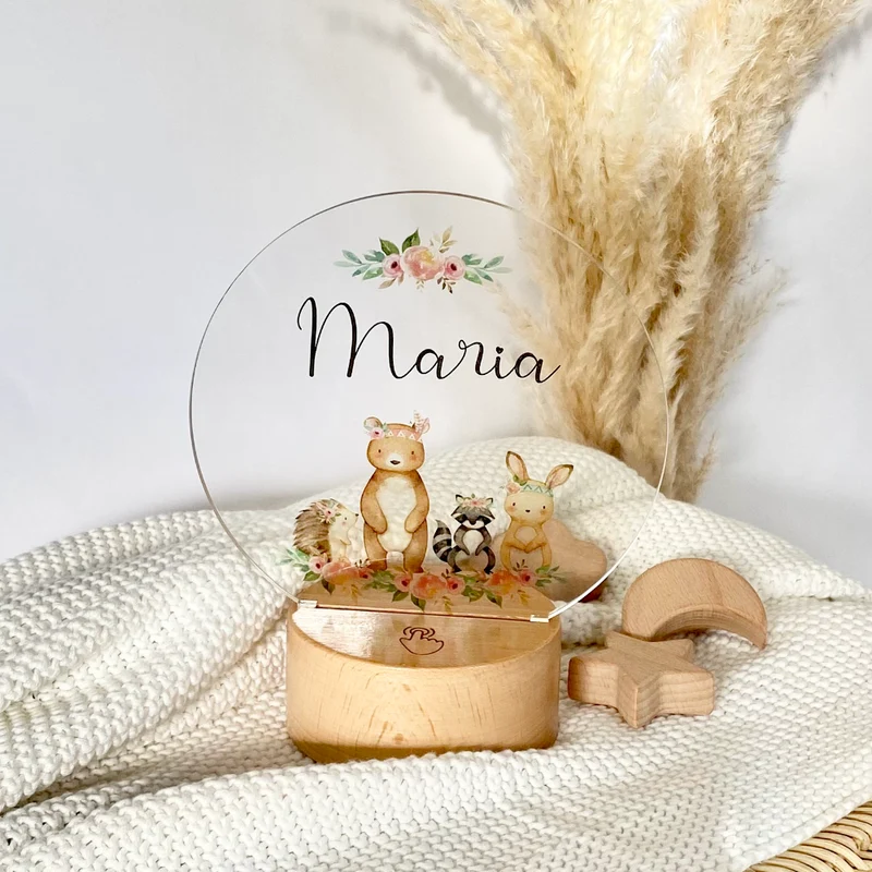 LED Lampe "Boho Tiere" mit Namen des Kindes | Personalisierte Nachttischlampe in Rund aus Holz und Acryl