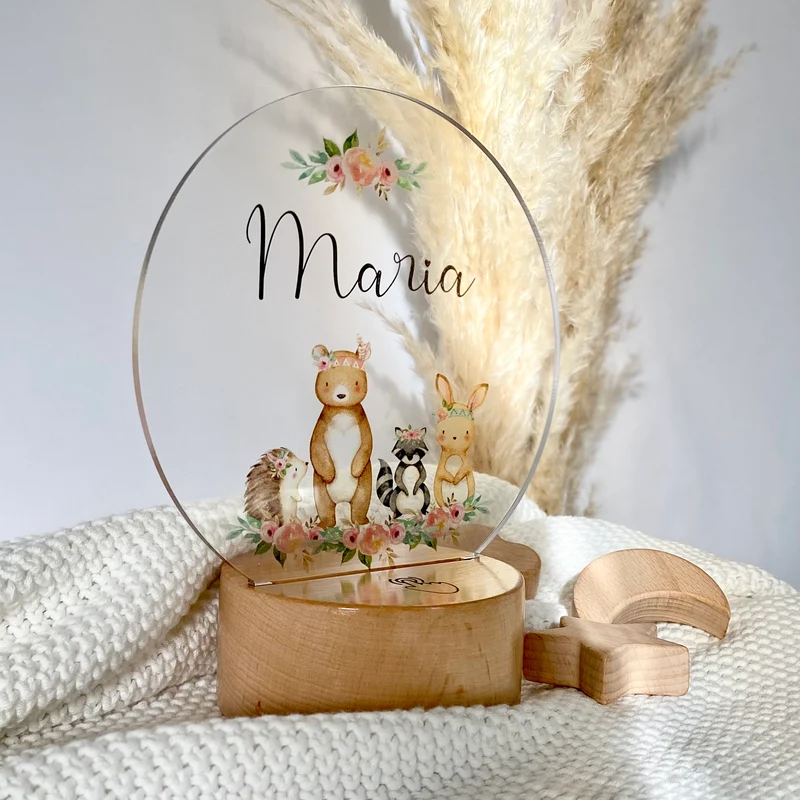 LED Lampe "Boho Tiere" mit Namen des Kindes | Personalisierte Nachttischlampe in Rund aus Holz und Acryl