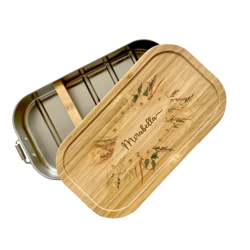 Brotdose "Boho Blumenkranz" mit Bambusdeckel und Namen | Boho Lunchbox mit floralem Motiv | Personalisierte Geschenkidee fürs Büro, Freizeit, Reisen