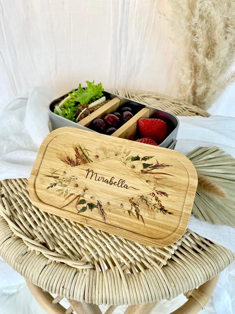 Brotdose "Boho Blumenkranz" mit Bambusdeckel und Namen | Boho Lunchbox mit floralem Motiv | Personalisierte Geschenkidee fürs Büro, Freizeit, Reisen