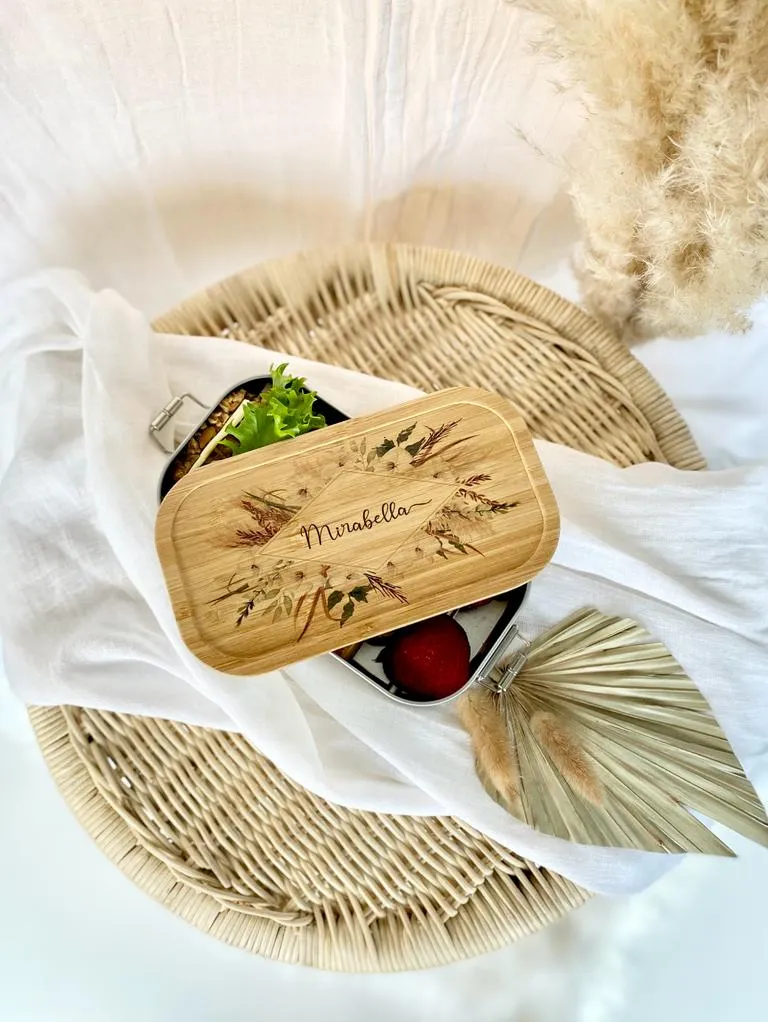 Brotdose "Boho Blumenkranz" mit Bambusdeckel und Namen | Boho Lunchbox mit floralem Motiv | Personalisierte Geschenkidee fürs Büro, Freizeit, Reisen