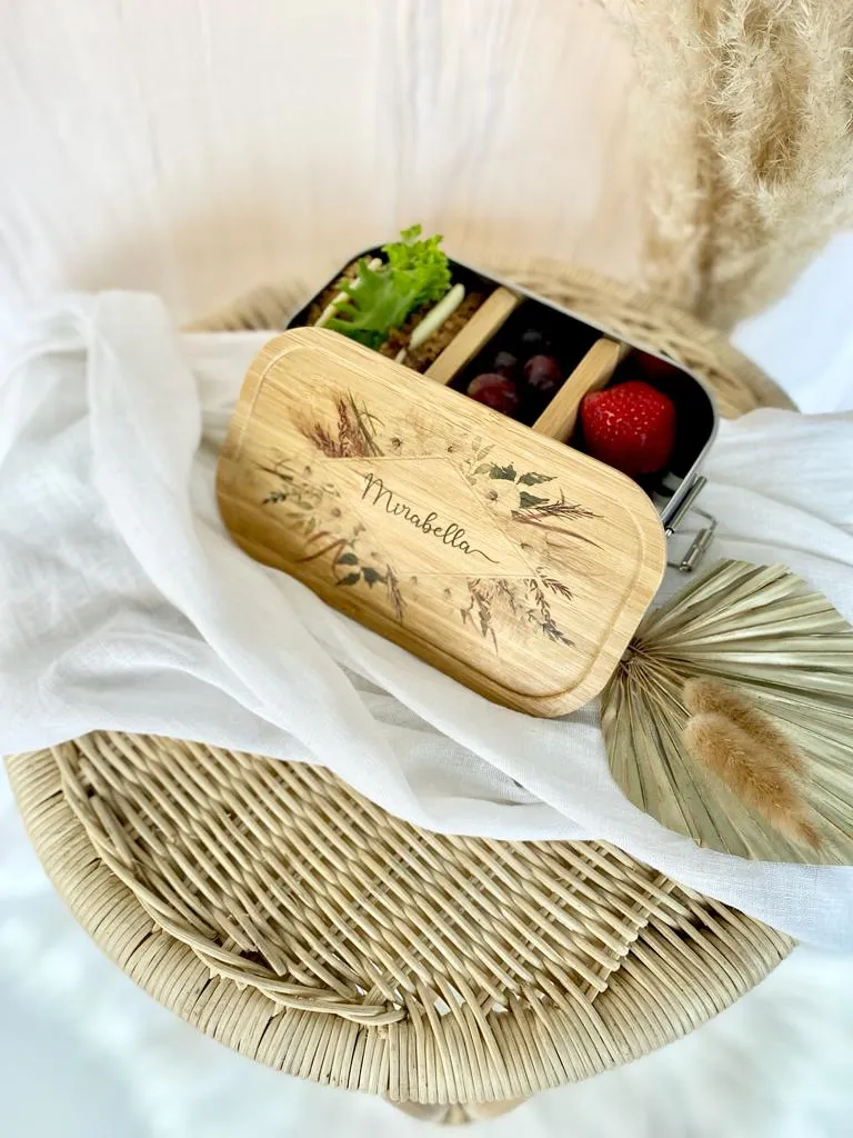 Brotdose "Boho Blumenkranz" mit Bambusdeckel und Namen | Boho Lunchbox mit floralem Motiv | Personalisierte Geschenkidee fürs Büro, Freizeit, Reisen