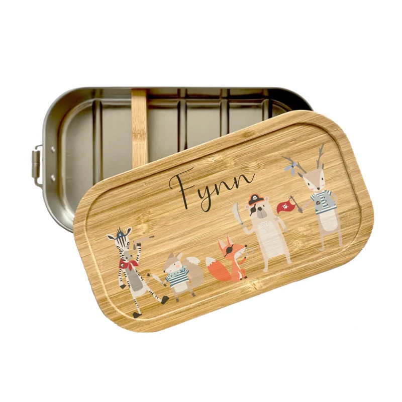 Brotdose "Piraten" mit Bambusdeckel mit Namen für Jungen und Mädchen | Lunchbox mit Motiv Tierpiraten | Personalisierte Geschenkidee für Kinder