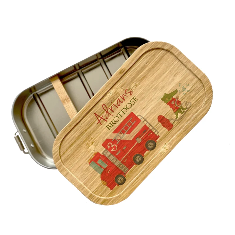 Brotdose "Feuerwehr" mit Bambusdeckel und Namen für Jungen und Mädchen | Lunchbox mit Motiv Feuerwehr | Personalisierte Geschenkidee für Kinder
