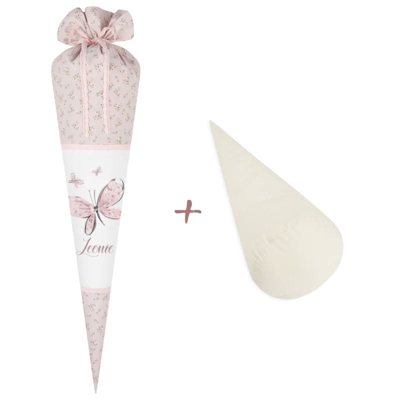 Rosa geblümte Schultüte mit Schmetterlingen und Namen des Kindes | Stoffschultüte zur Einschulung für Mädchen | Optional mit Füllkissen und Spitzenschutz