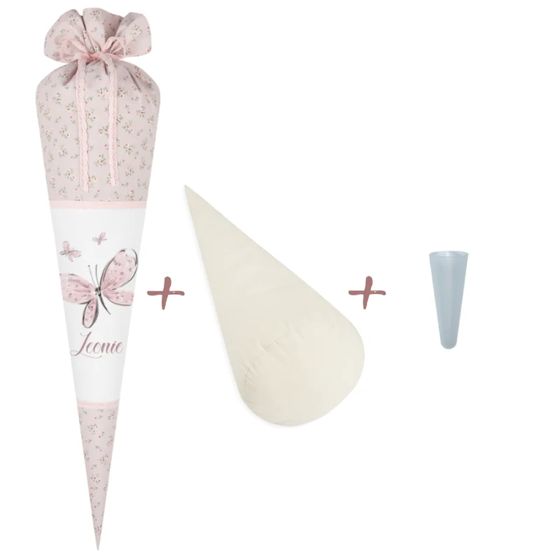 Rosa geblümte Schultüte mit Schmetterlingen und Namen des Kindes | Stoffschultüte zur Einschulung für Mädchen | Optional mit Füllkissen und Spitzenschutz