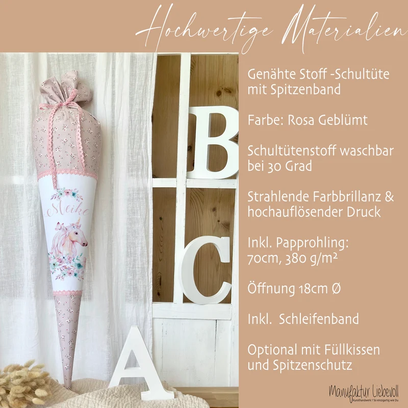 Schultüte "Einhorn" mit Namen handgefertigt | Schöne Stoffschultüte zur Einschulung für Mädchen mit geblümten Stoff | Optional mit Füllkissen und Spitzenschutz