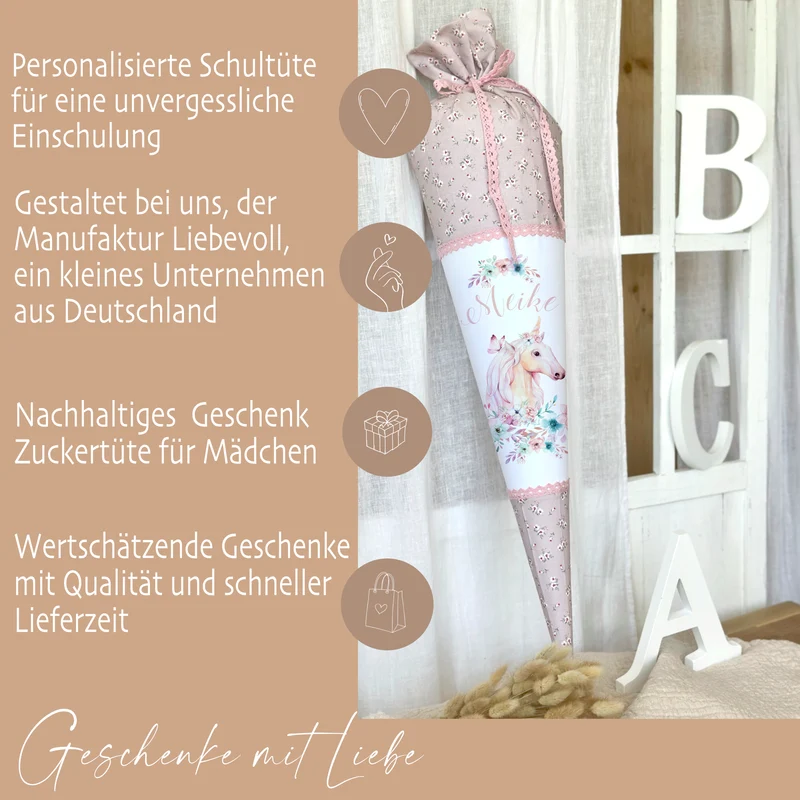 Schultüte "Einhorn" mit Namen handgefertigt | Schöne Stoffschultüte zur Einschulung für Mädchen mit geblümten Stoff | Optional mit Füllkissen und Spitzenschutz