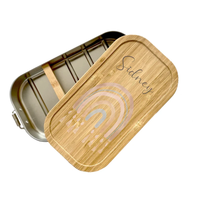 Brotdose "Regenbogen" mit Namen mit Bambusdeckel für Mädchen und Jungen | Lunchbox "Rainbow" | Personalisierte Geschenkidee für Kinder
