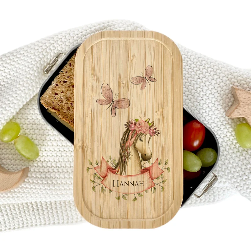 Brotdose "Pony" mit Namen und Bambusdeckel für Mädchen und Jungen | Wählbar in Edelstahl Lunchbox mit Pferd | Personalisierte Geschenkidee für Kinder