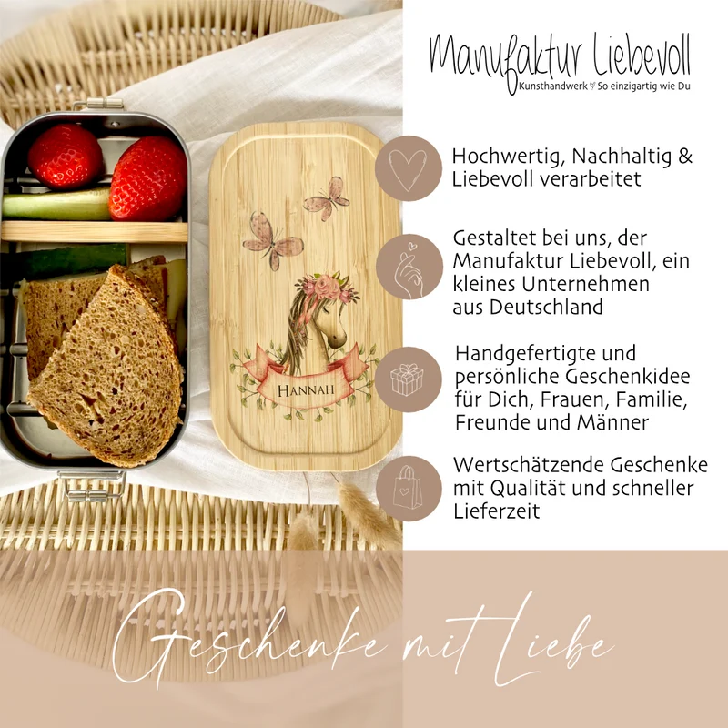 Brotdose "Pony" mit Namen und Bambusdeckel für Mädchen und Jungen | Wählbar in Edelstahl Lunchbox mit Pferd | Personalisierte Geschenkidee für Kinder