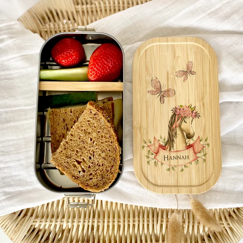 Brotdose "Pony" mit Namen und Bambusdeckel für Mädchen und Jungen | Wählbar in Edelstahl Lunchbox mit Pferd | Personalisierte Geschenkidee für Kinder