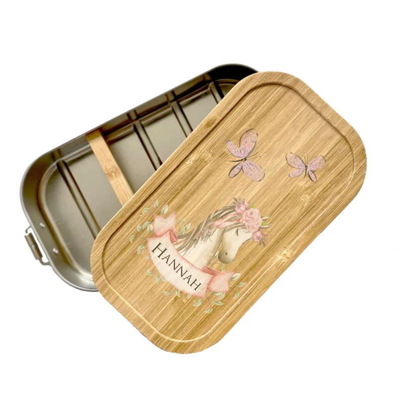 Brotdose "Pony" mit Namen und Bambusdeckel für Mädchen und Jungen | Wählbar in Edelstahl Lunchbox mit Pferd | Personalisierte Geschenkidee für Kinder