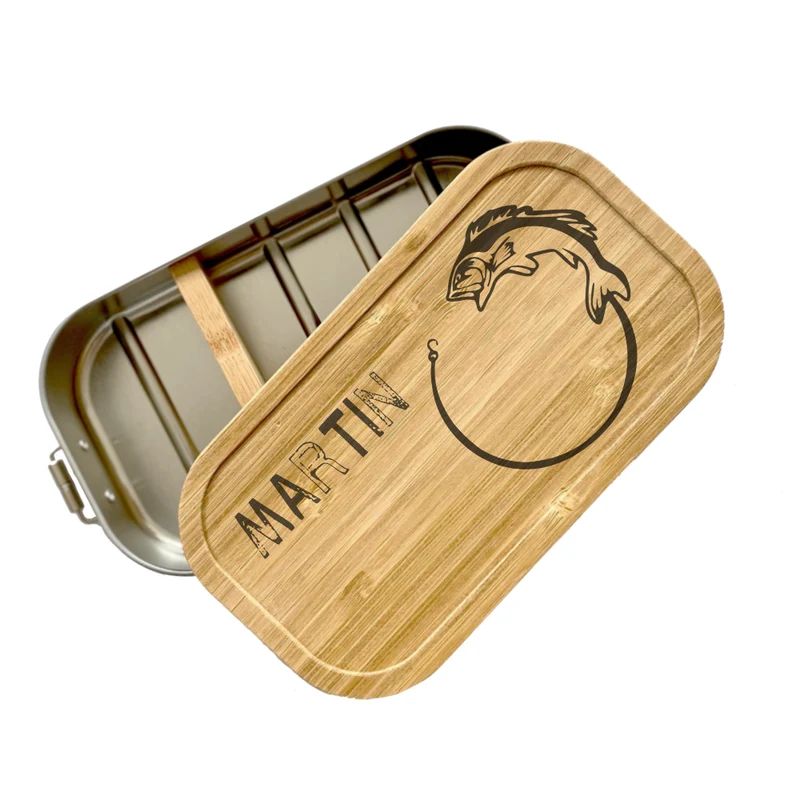 Brotdose "Angler" mit Bambusdeckel mit Namen für Angelfans | Lunchbox mit Motiv Fisch | Personalisierte Geschenkidee zum Hobby "Angeln"