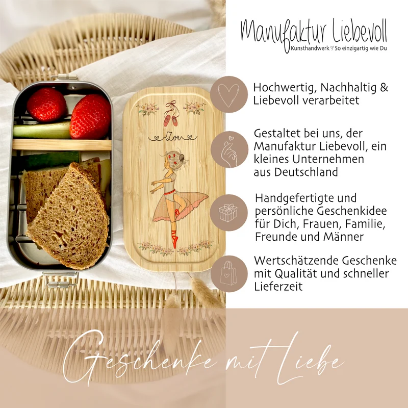 Brotdose mit Namen für Mädchen und Jungen | Lunchbox mit Motiv "Ballerina" | Wählbar in Edelstahl | Personalisiertes Geschenk zum Thema Ballett