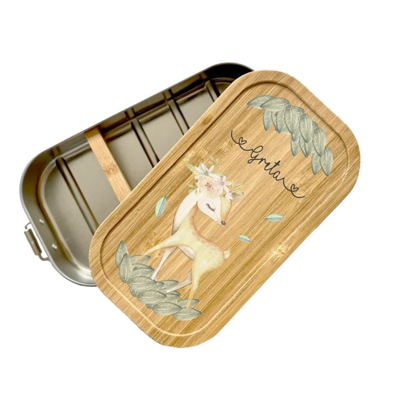 Brotdose mit Namen für Mädchen | Lunchbox mit Motiv "Rehkitz" | Wählbar in Edelstahl | Personalisiertes Geschenk für Mädchen