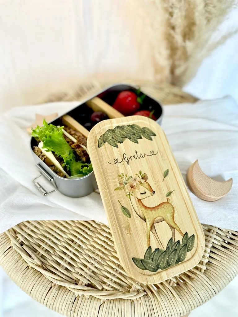 Brotdose mit Namen für Mädchen | Lunchbox mit Motiv "Rehkitz" | Wählbar in Edelstahl | Personalisiertes Geschenk für Mädchen