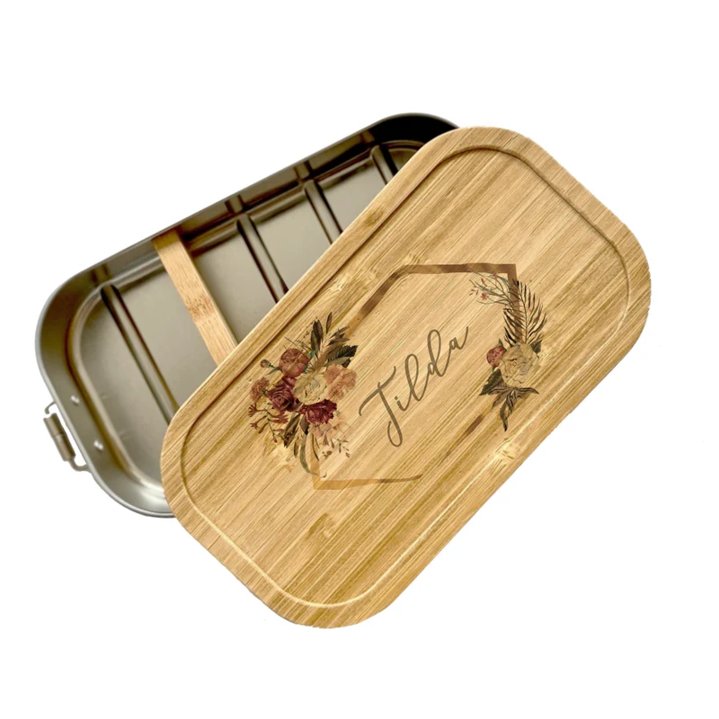 Brotdose "Blumenranke" mit Bambusdeckel und Namen | Boho Lunchbox mit floralem Motiv | Personalisierte Geschenkidee fürs Büro, Freizeit, Reisen
