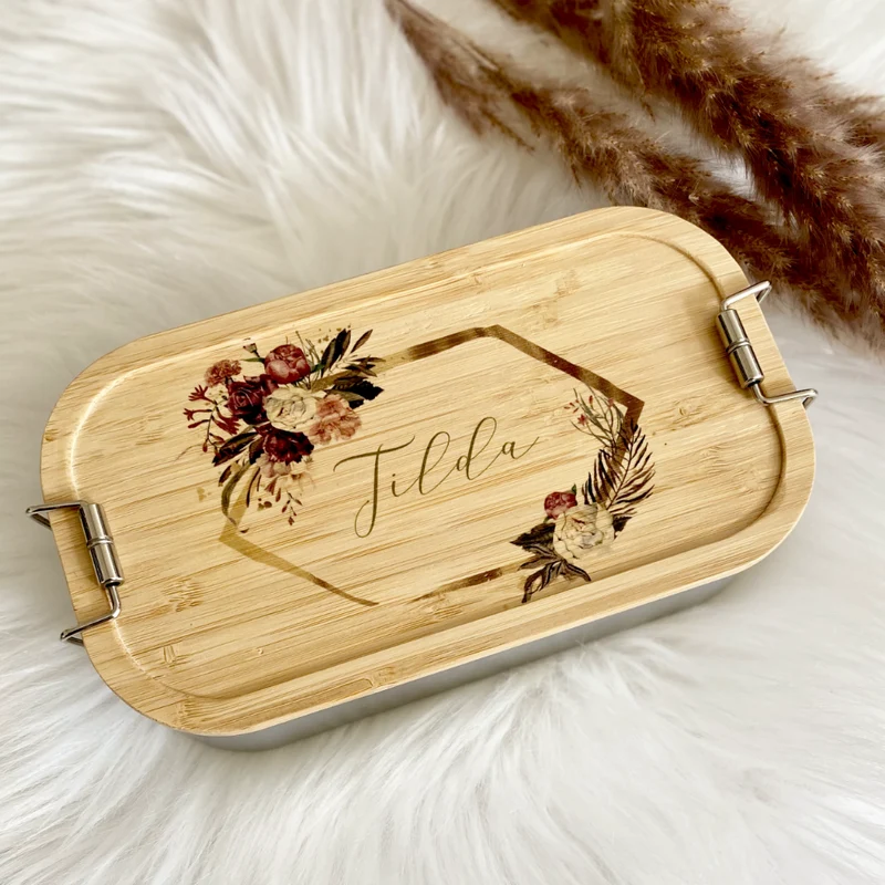 Brotdose "Blumenranke" mit Bambusdeckel und Namen | Boho Lunchbox mit floralem Motiv | Personalisierte Geschenkidee fürs Büro, Freizeit, Reisen