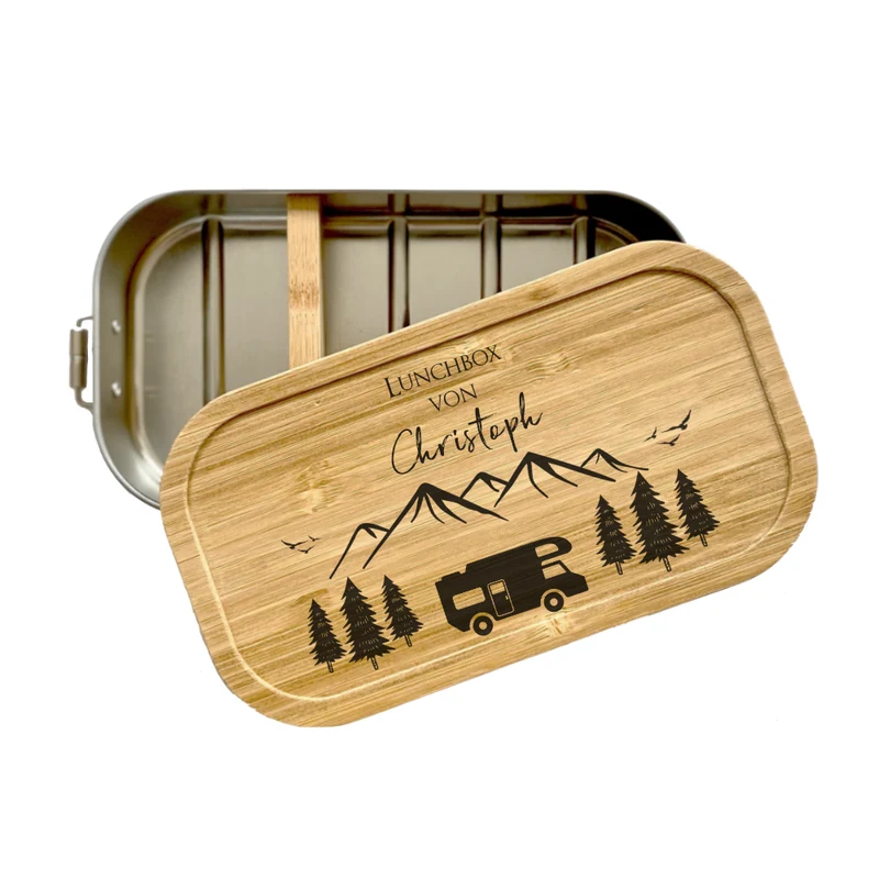 Brotdose "Camping" mit Bambusdeckel und Namen für Männer und Frauen | Lunchbox mit Wohnwagenmotiv | Personalisierte Geschenkidee fürs Caravaning