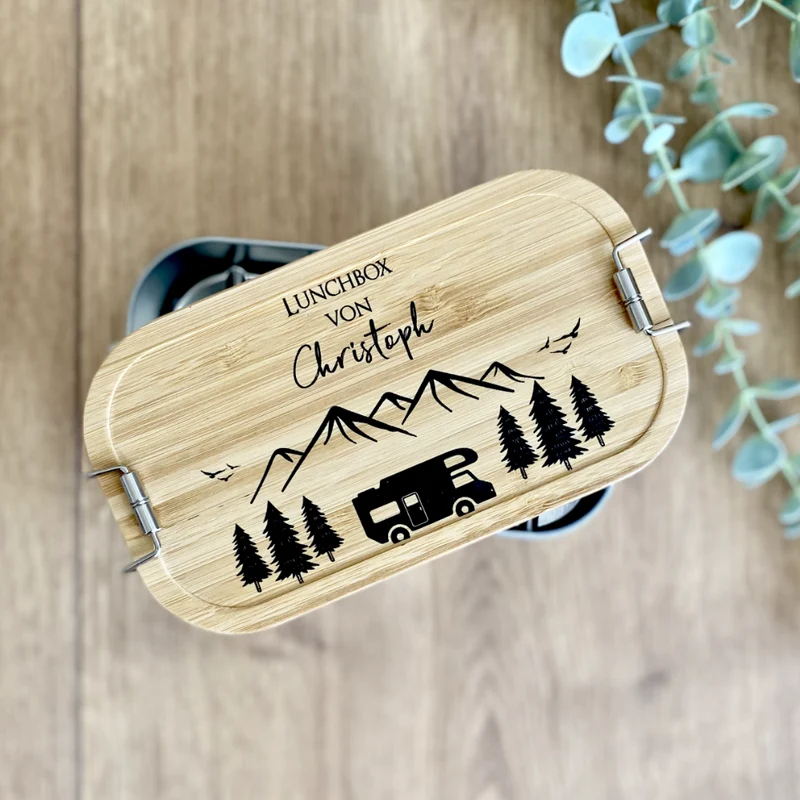Brotdose "Camping" mit Bambusdeckel und Namen für Männer und Frauen | Lunchbox mit Wohnwagenmotiv | Personalisierte Geschenkidee fürs Caravaning