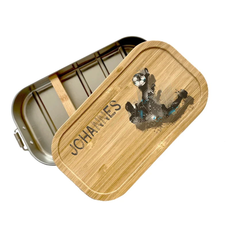 Brotdose "Fußball" mit Bambusdeckel und Namen für Ihn, Sie, Männer, Jungen, Mädchen, Frauen | Lunchbox mit Fußballspieler | Personalisierte Geschenkidee fürs Hobby