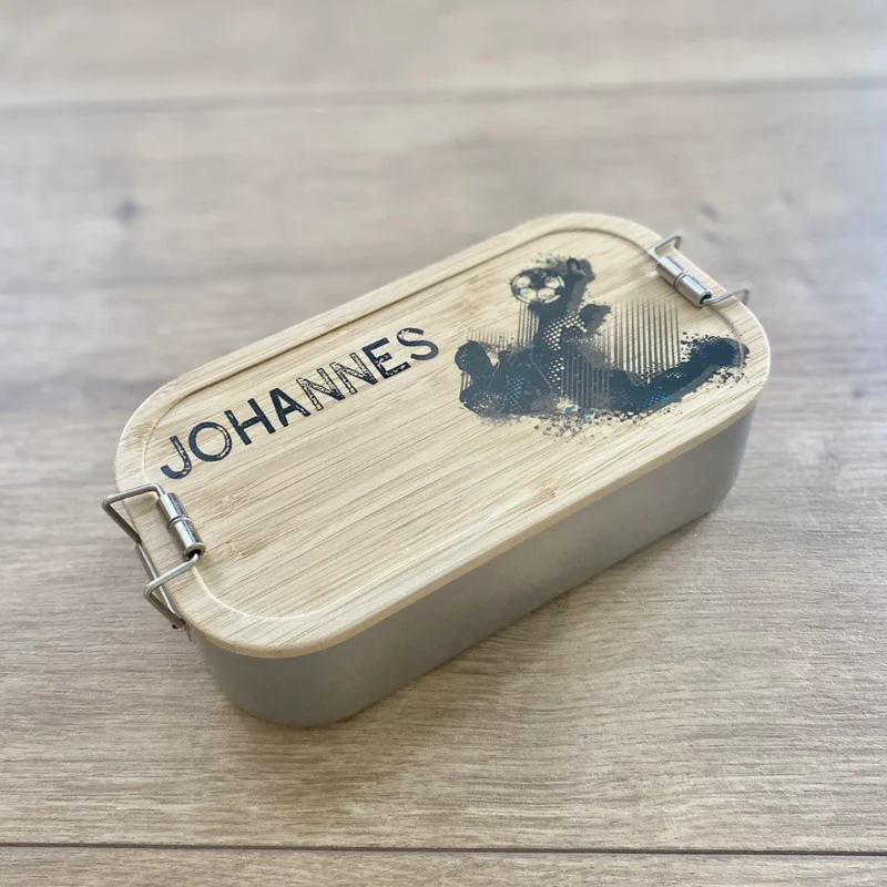 Brotdose "Fußball" mit Bambusdeckel und Namen für Ihn, Sie, Männer, Jungen, Mädchen, Frauen | Lunchbox mit Fußballspieler | Personalisierte Geschenkidee fürs Hobby