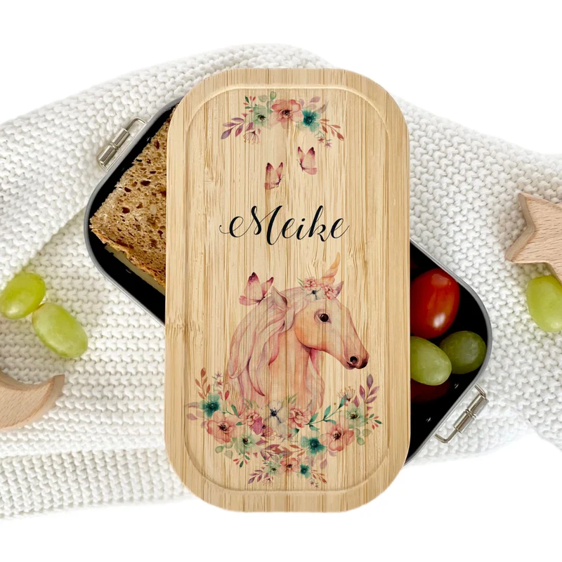 Brotdose "Einhorn" mit Bambusdeckel und Namen für Mädchen und Jungen | wählbar in Edelstahl | Lunchbox mit Einhornmotiv | Personalisierte Geschenkidee für Kinder